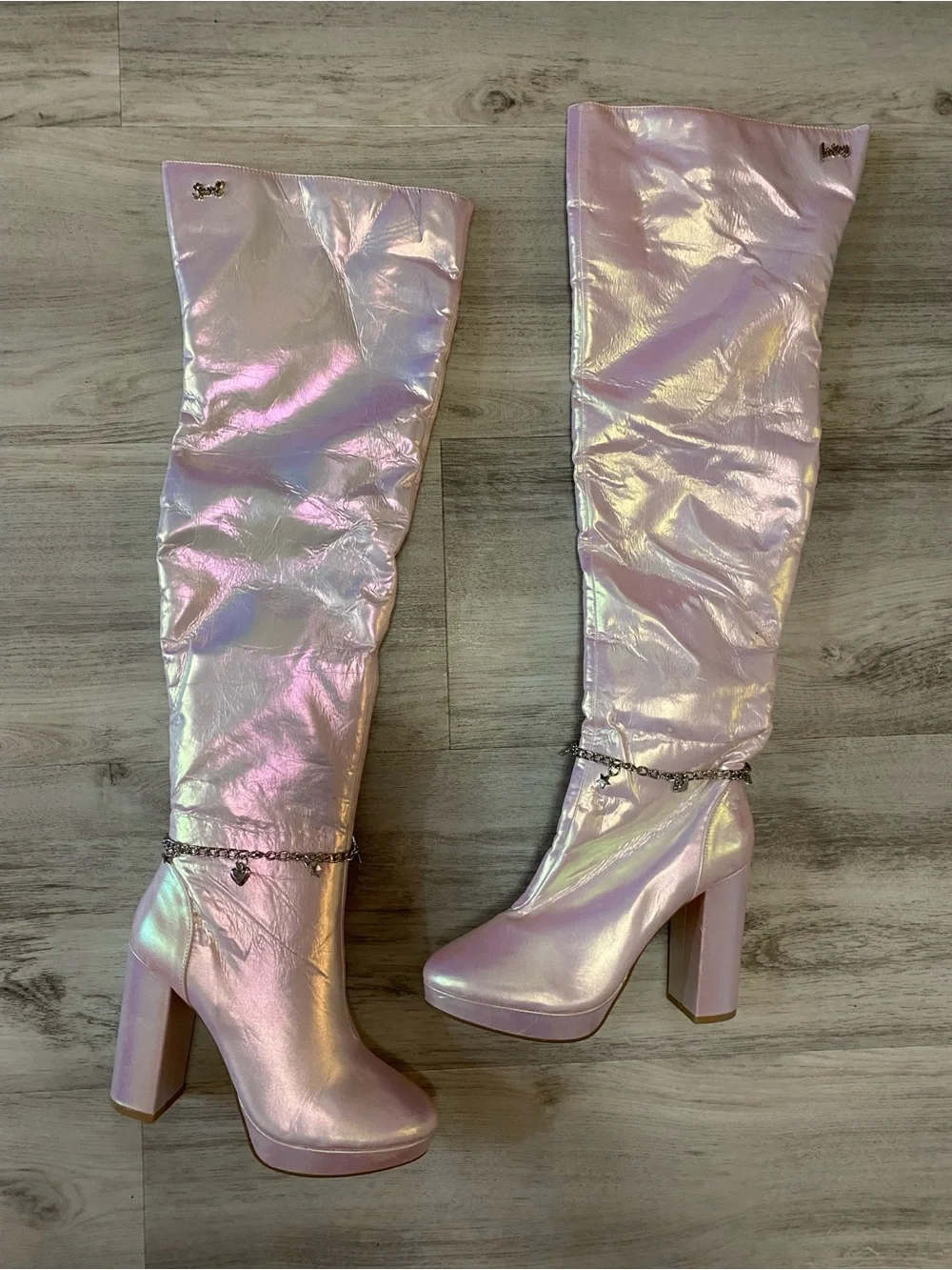Sparkl Fairy Couture Iridescent Pink Knee-High Block Heel Boots NWT